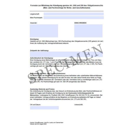 Amtliches Formular zur Mitteilung der Kündigung von Miet- und Pachtverträge für Wohn- und Geschäftsräume (Kanton Schaffhausen)