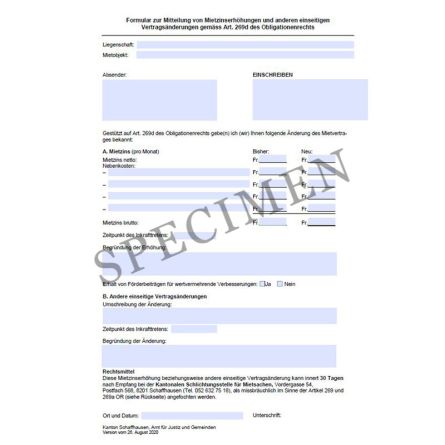 Amtliches Formular zur Mitteilung von Mietzinsänderungen und anderen einseitigen Vertragsänderungen (Kanton Schaffhausen)