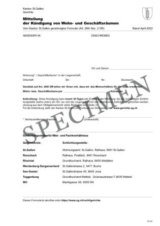 Amtliches Formular zur Mitteilung der Kündigung von Wohn- und Geschäftsräumen (Kanton St. Gallen)