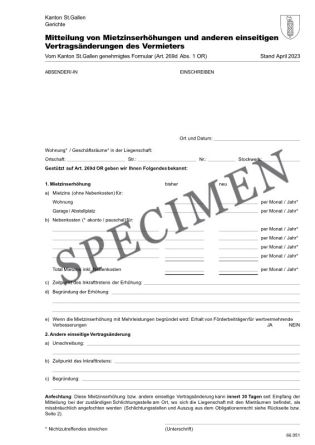 Amtliches Formular zur Mitteilung einer Mietzinsänderung und anderen einseitigen Vertragsänderungen  (Kanton St. Gallen)